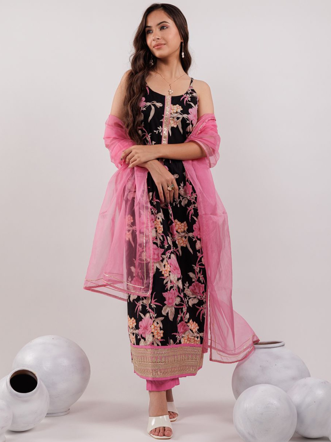 

Yufta Floral Embroidered Pure Cotton Anarkali Kurta & Trousers With Dupatta, Black