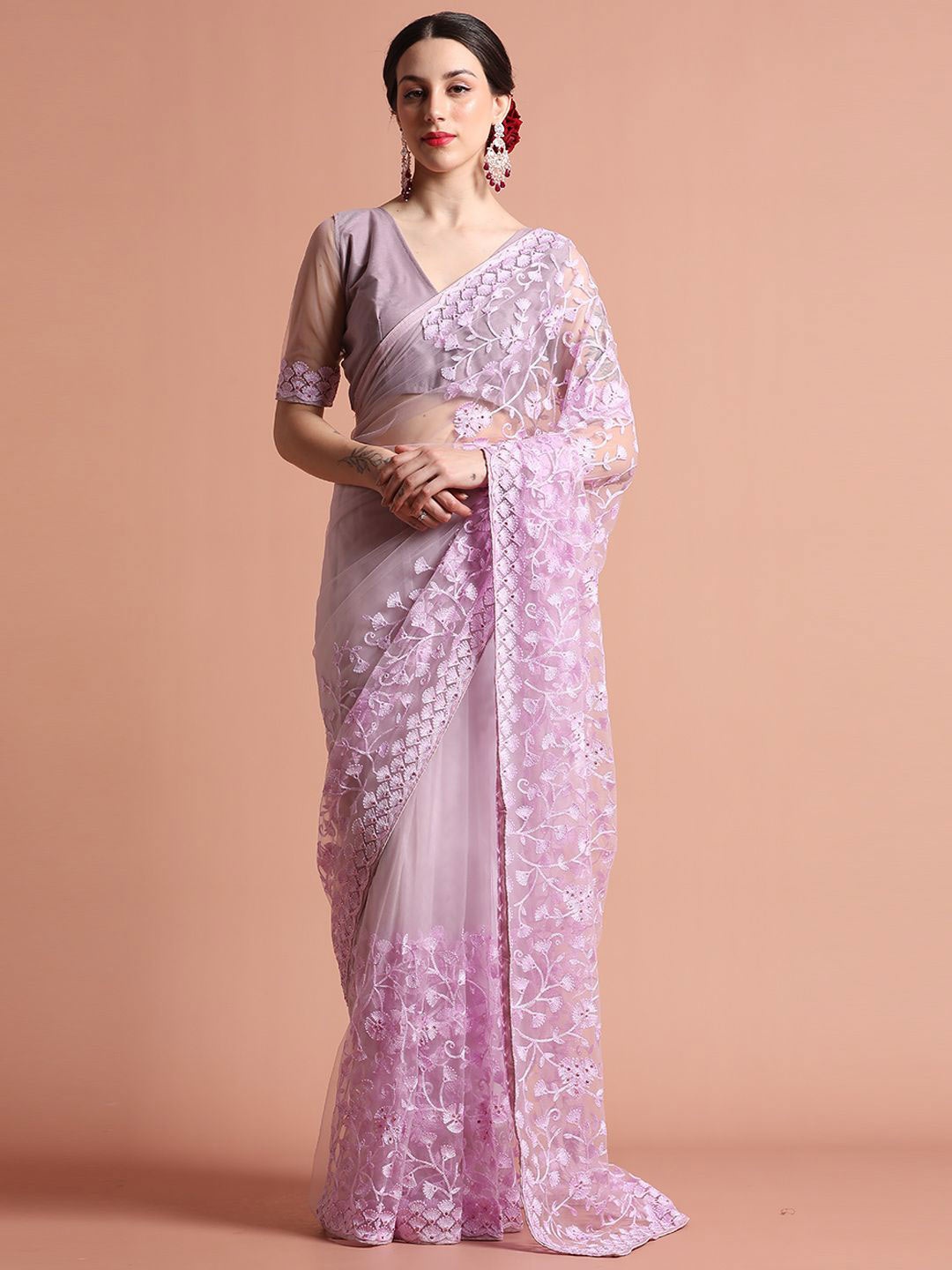 

Jaipur Kurti Party Wear Floral Embroidered Net Saree, Lavender