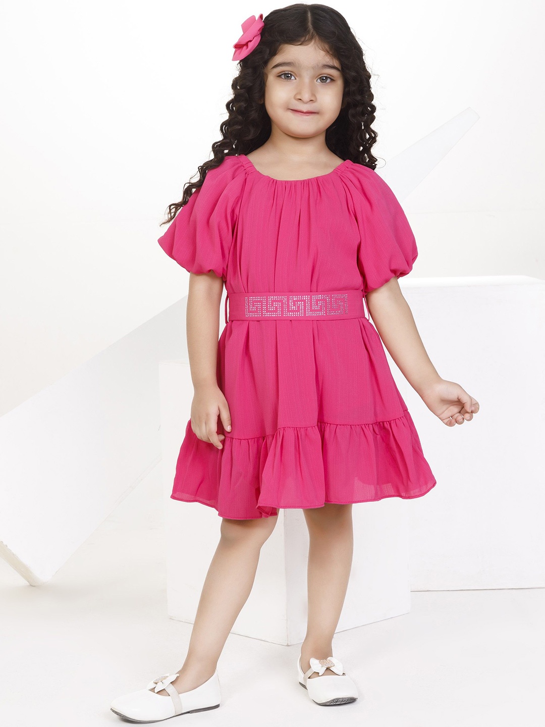 

Peppermint Puff Sleeve A-Line Dress, Pink