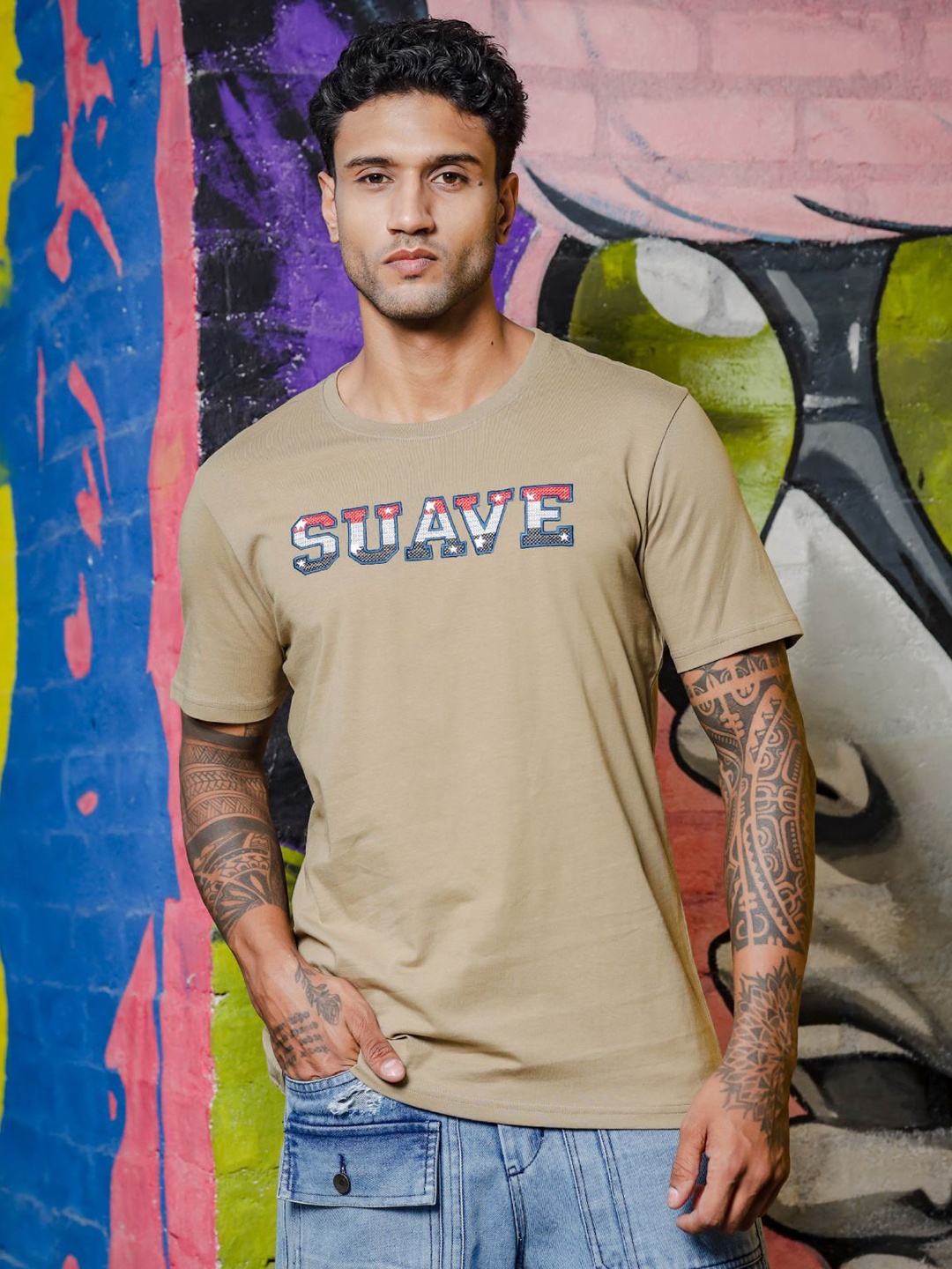 

ONE SKY Men Typography Printed Round Neck Cotton T-shirt, Olive