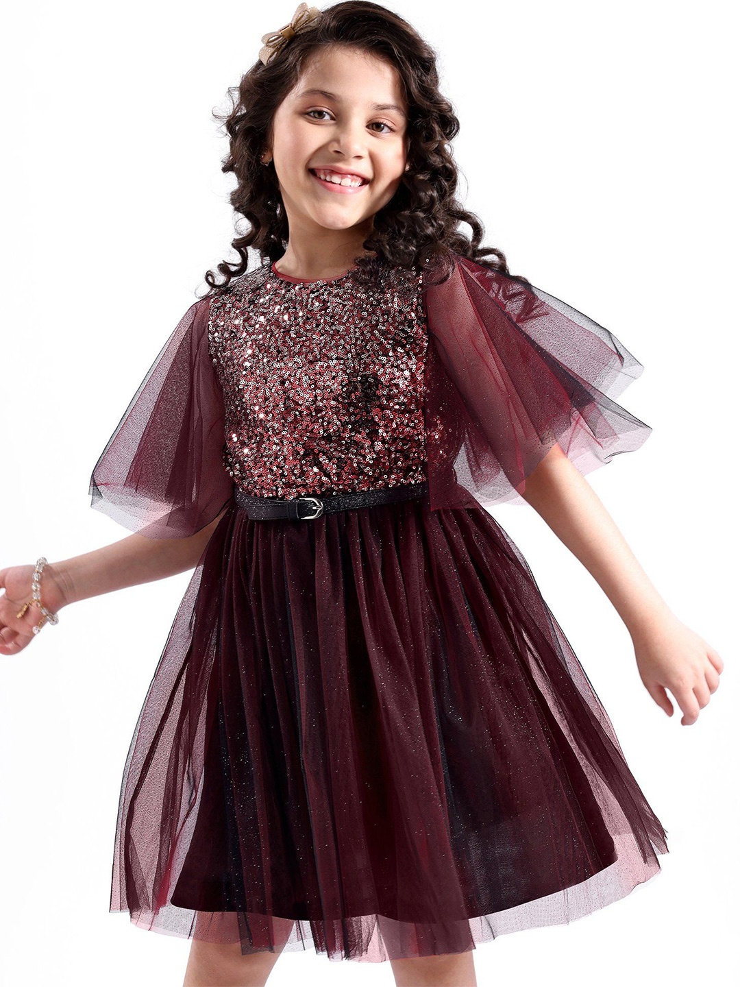 

Hola Bonita Girls Embellished Net Fit & Flare Knee Length Dress, Maroon