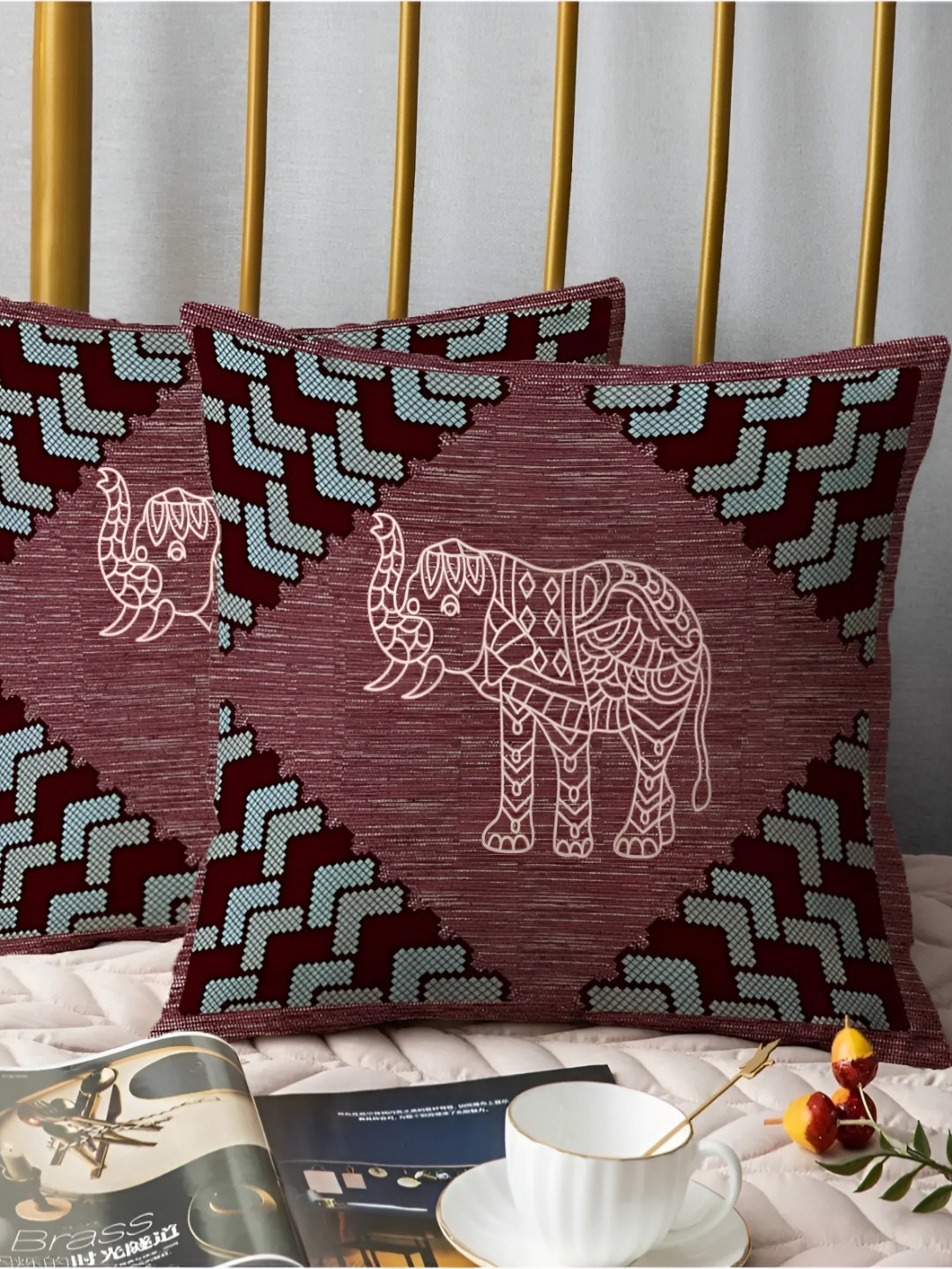 

LIVING ROOTS Red & White 8 Pieces Ethnic Motifs Printed Cotton Diwan Set
