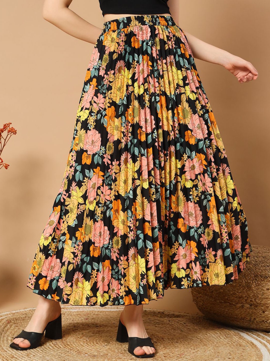 

OTABU Floral Printed Accordion Pleated Flared Maxi Skirt, Yellow