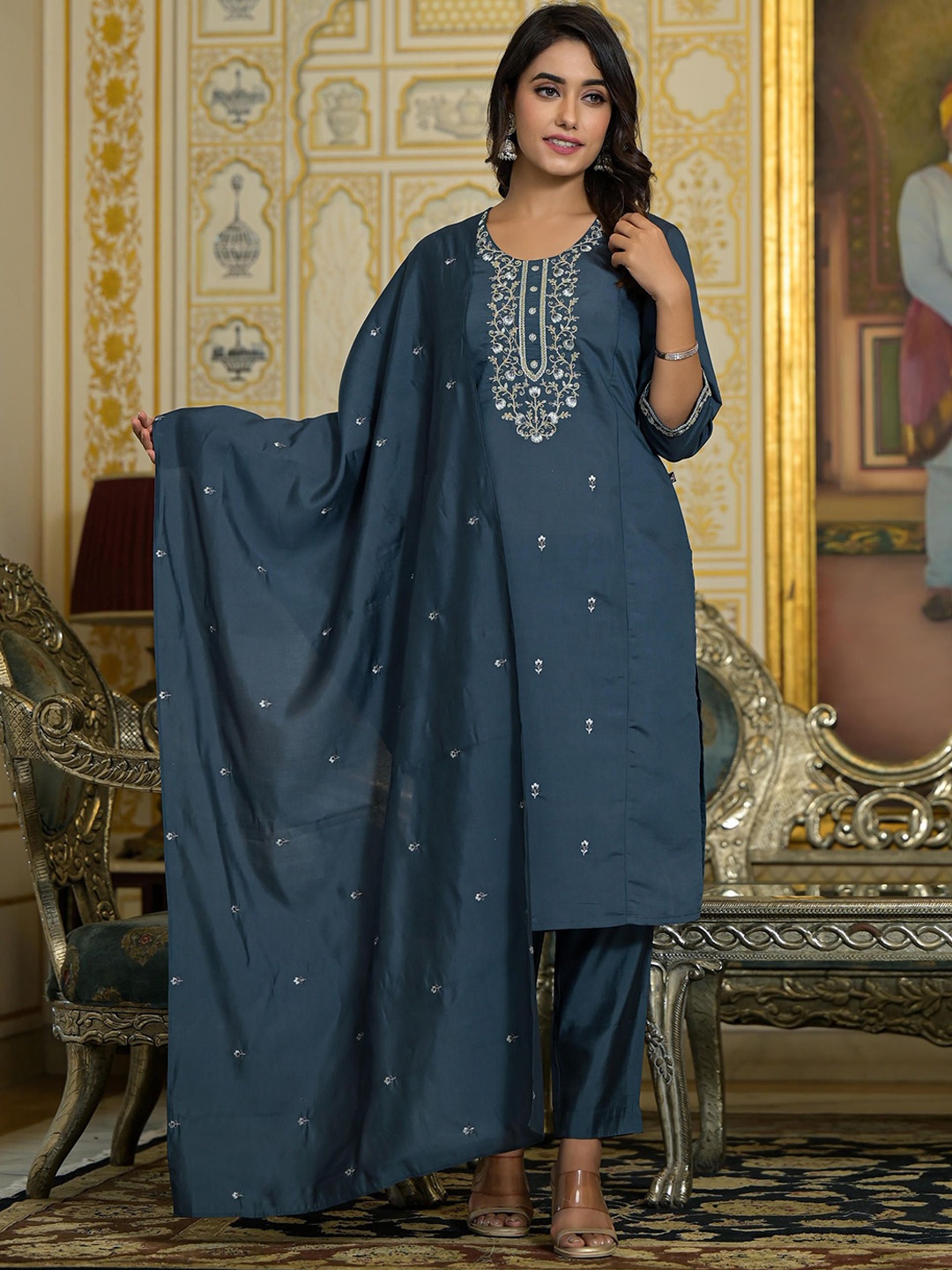 

Juniper Floral Embroidered Sequinned Round Neck Straight Kurta With Trousers & Dupatta, Grey