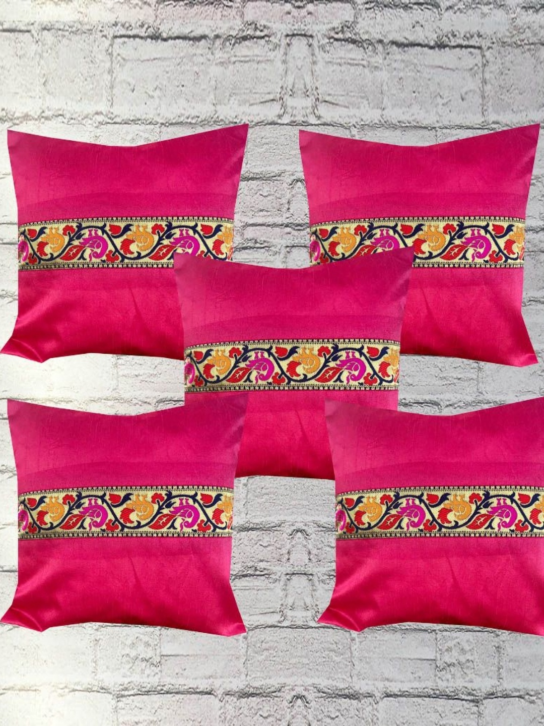 

Pink Parrot Pink & Yellow 5 Pieces Ethnic Motifs Square Cushion Covers