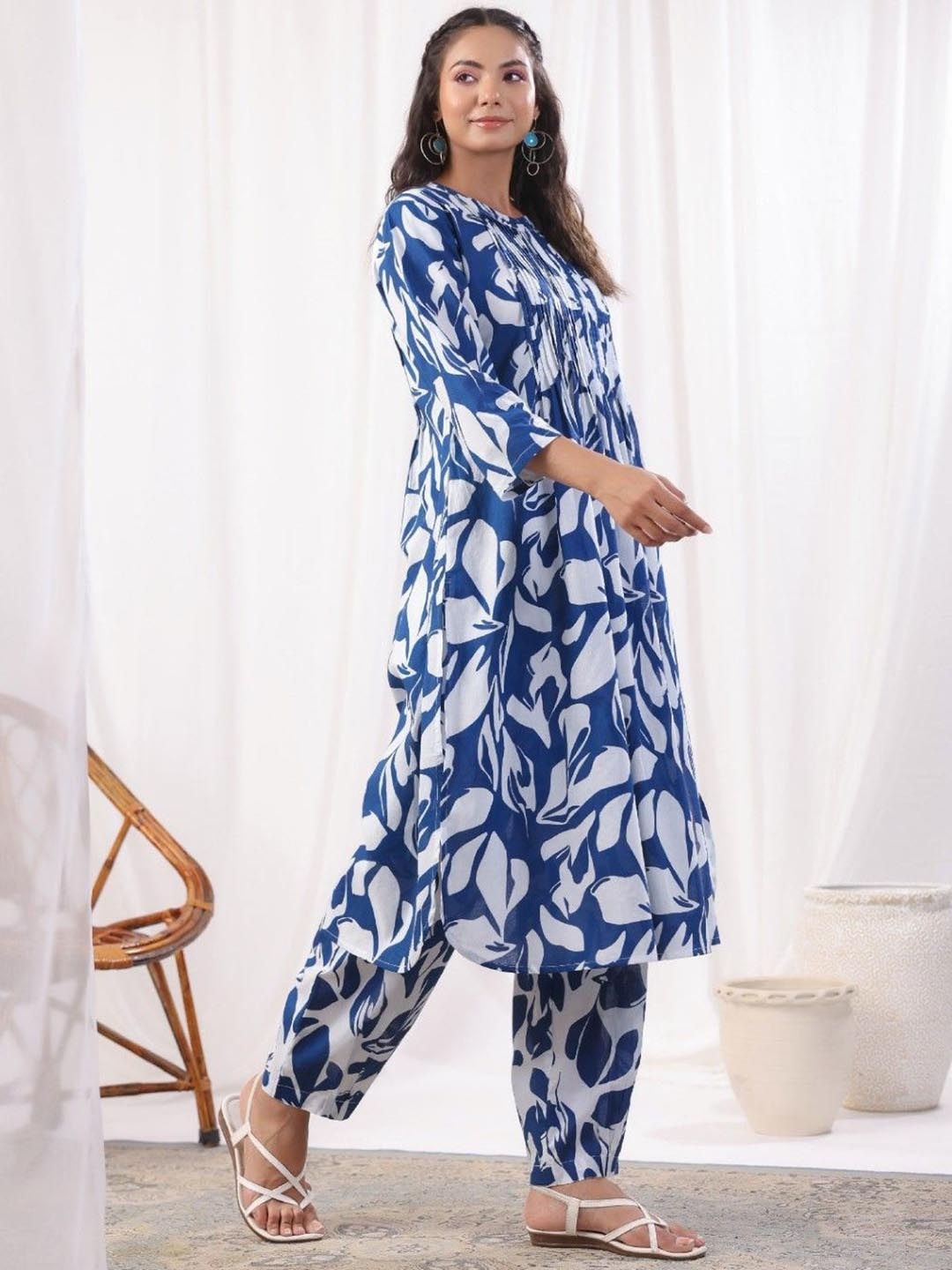 

AUTUMN LANE Floral Printed Pure Cotton Anarkali Kurta With Trousers, Blue