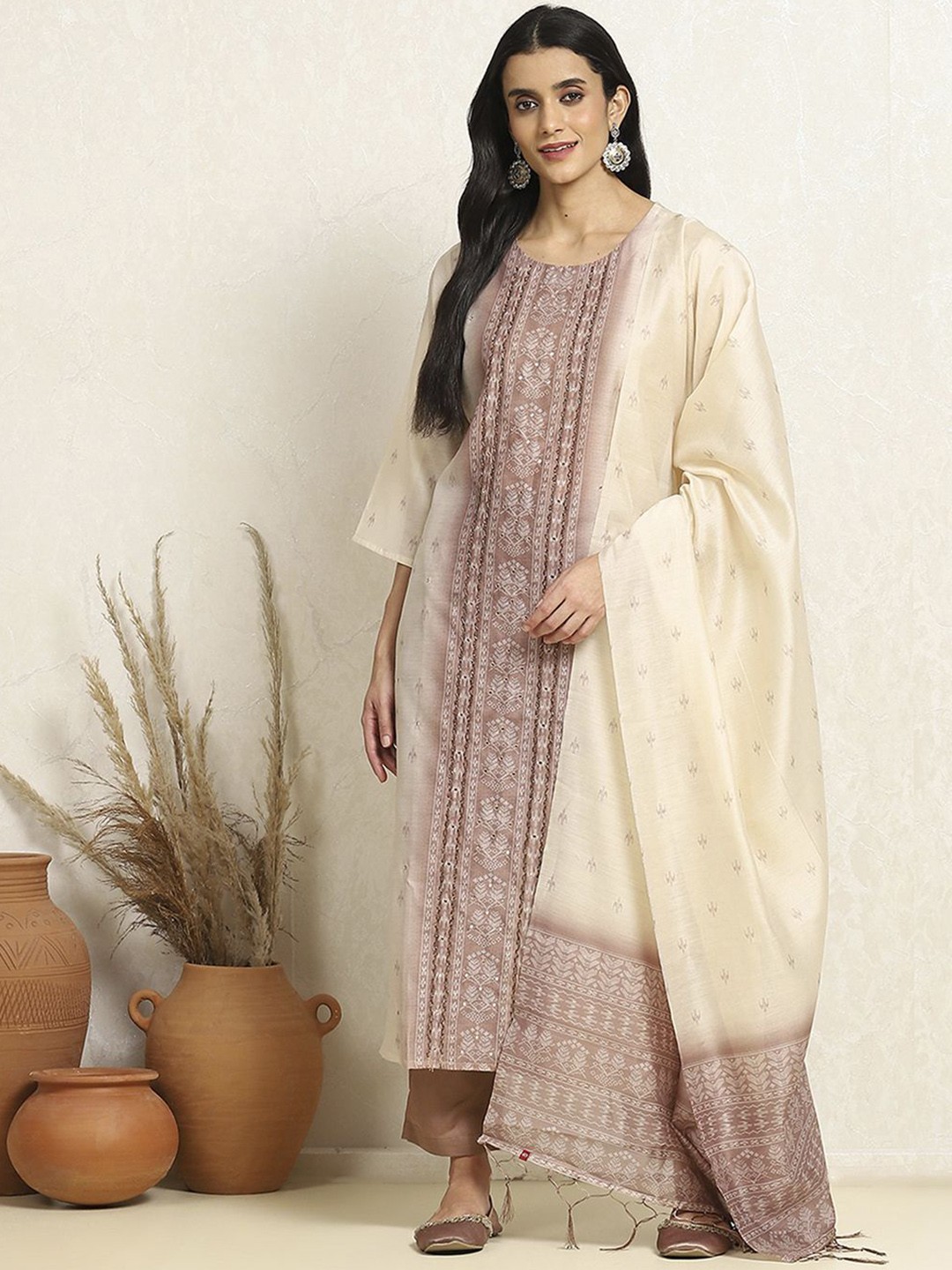 

Biba Ethnic Motifs Woven Design Mirror Work Unstitched Dress Material, Brown
