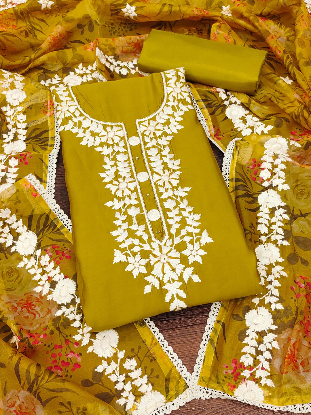 

Maroosh Embellished Unstitched Dress Material, Mustard