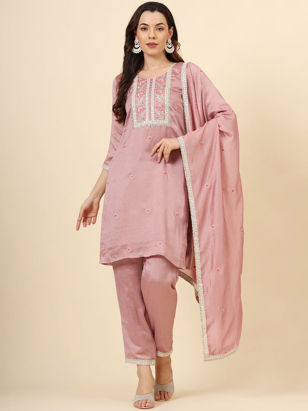 

Ekasya Ethnic Motifs Embroidered Thread Work Poly Silk Straight Kurta Trousers & Dupatta, Mauve