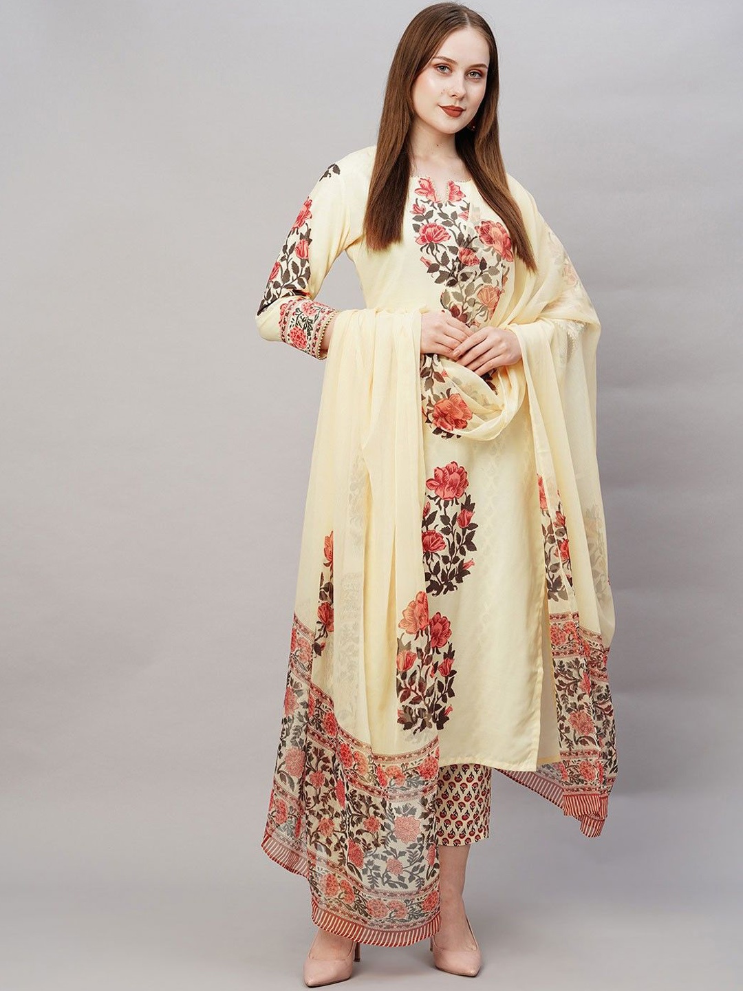 

Anni Designer Floral Printed Round Neck Straight Kurta with Trouser & Dupatta, Cream