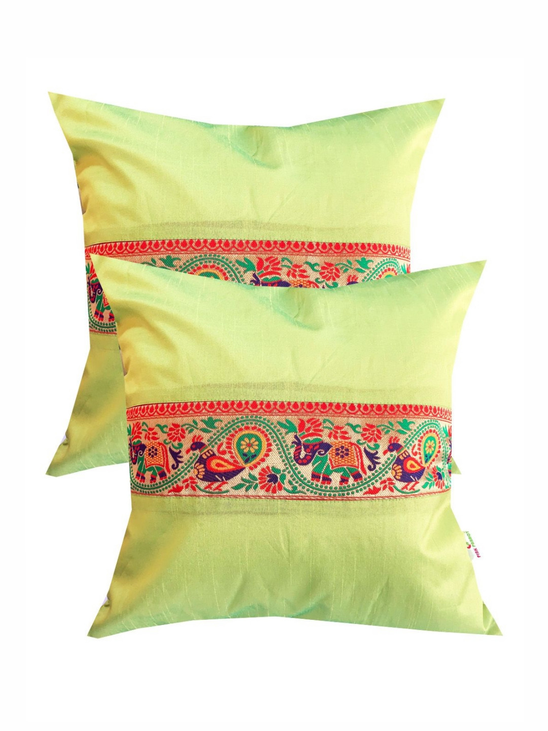 

Pink Parrot Green & Red 2 Pieces Ethnic Motifs Zari Work Square Cushion Covers