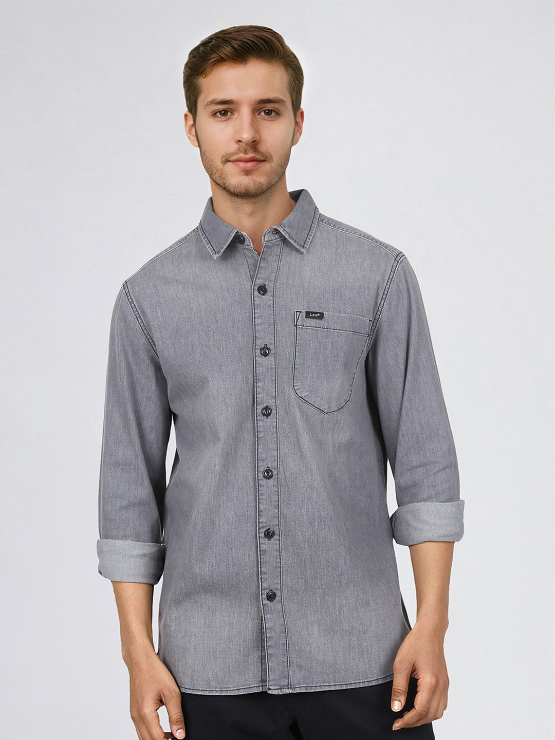 

Lee Men Spread Collar Solid Cotton Casual Shirt, Grey