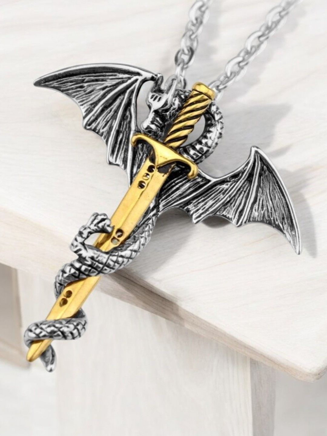 

fabula Dragon & Sword Contemporary Pendants With Chains, Gold