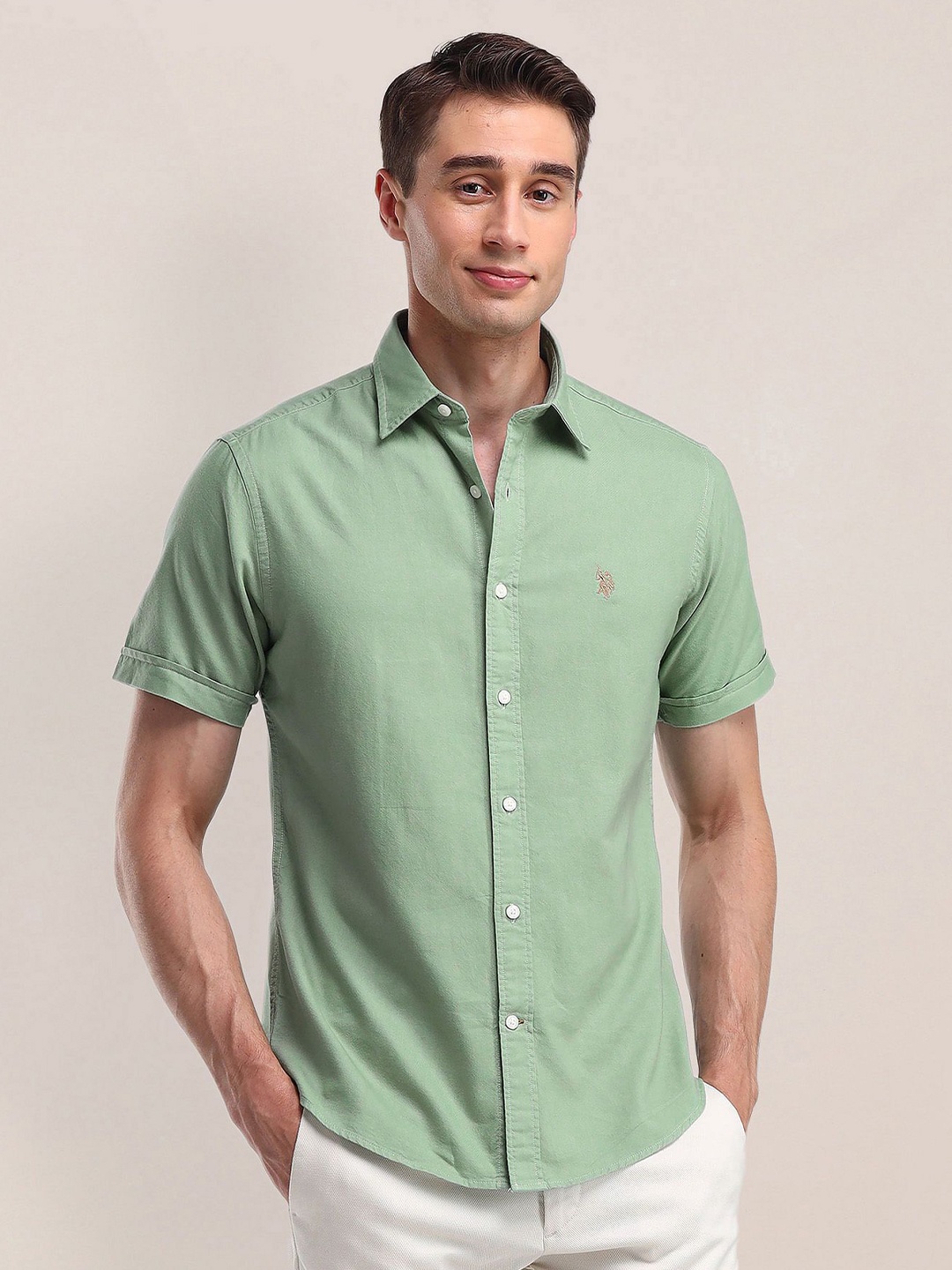 

U.S. Polo Assn. Men Modern Spread Collar Solid Cotton Slim Fit Casual Shirt, Green