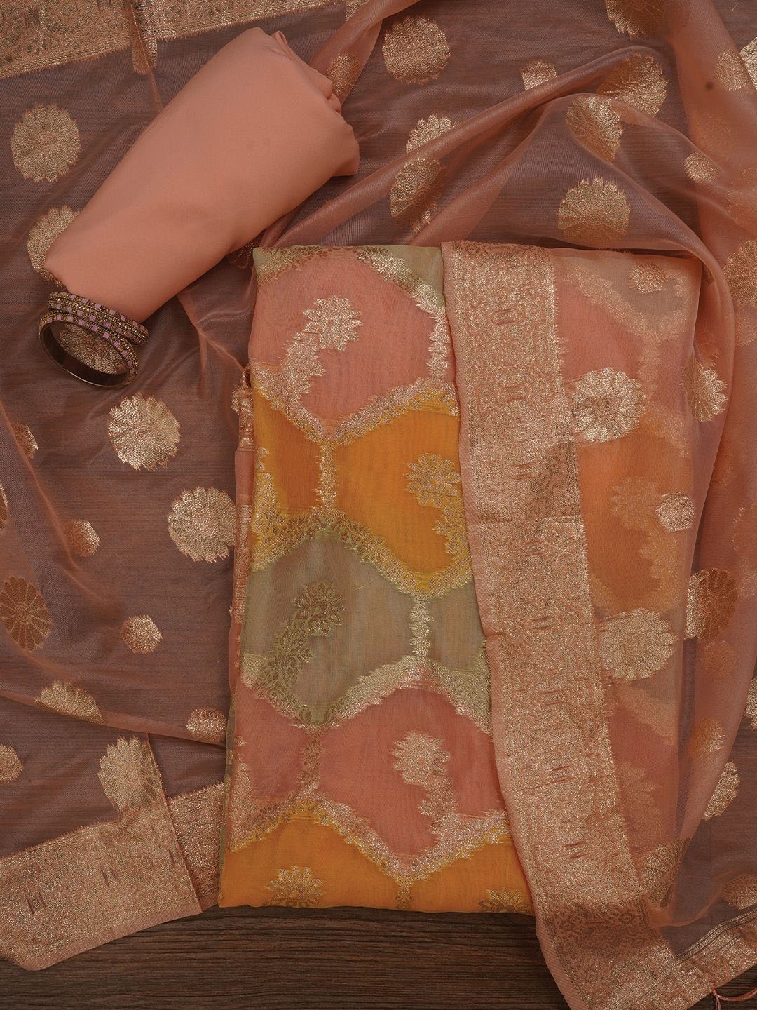 

Jaipur Kurti Unstitched Zari Woven Organza Dress Material With Dupatta, Peach