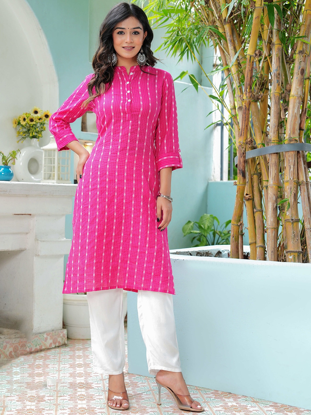 

BAESD Geometric Printed Cotton Straight Kurta with Trousers, Rose