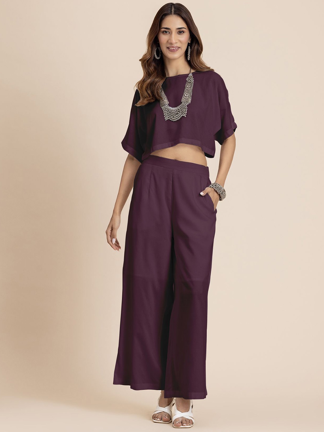 

Moomaya Round Neck Boxy Fit Top With Palazzos, Mauve