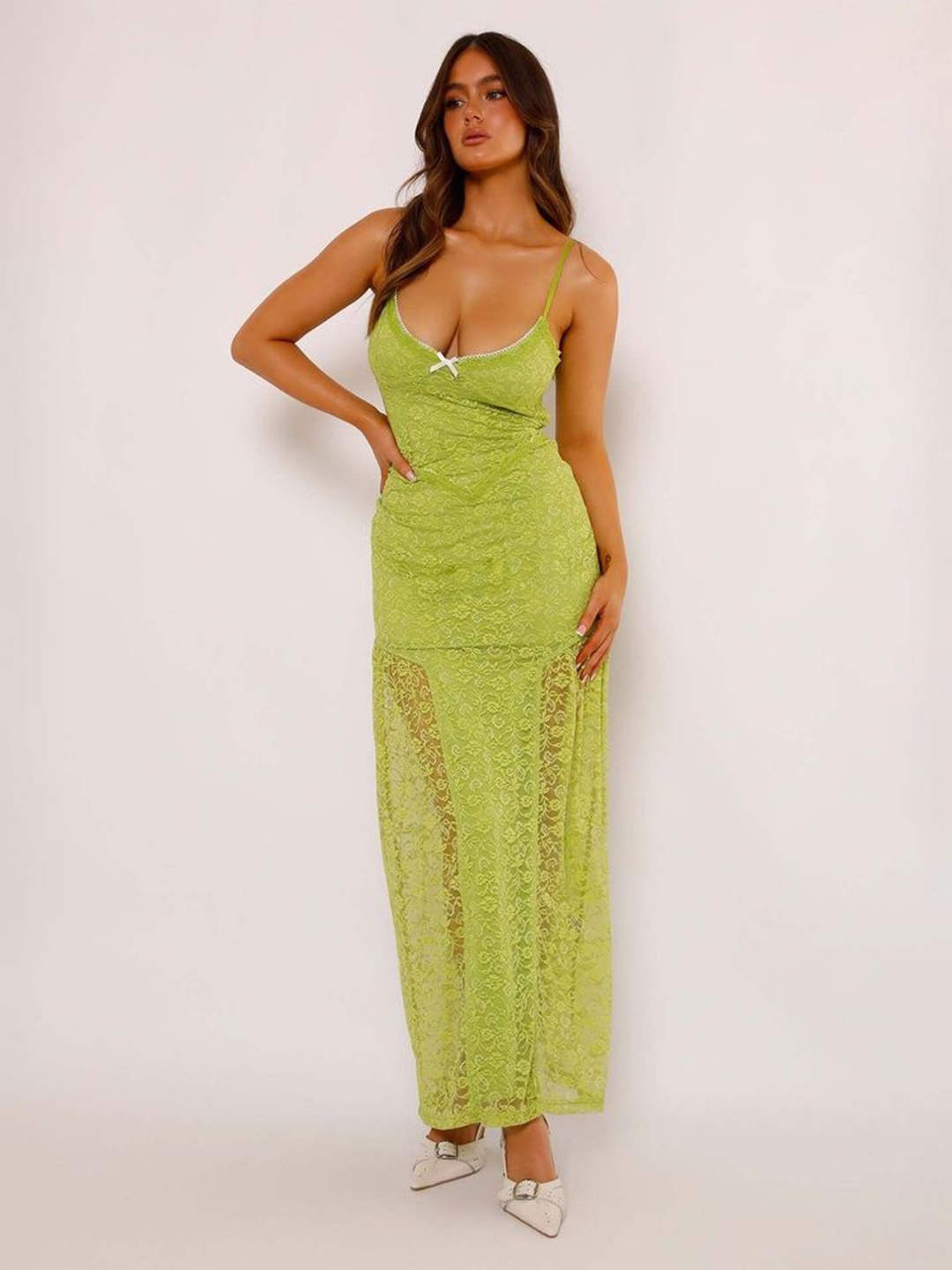 

LULU & SKY Women Solid Self Design Maxi Dress, Green
