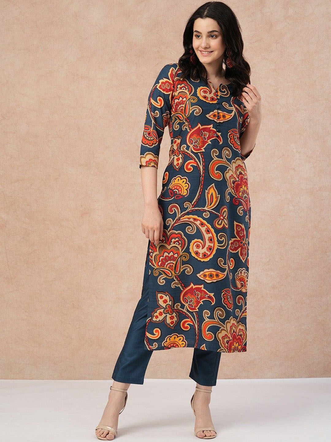 

Anni Designer Ethnic Motifs Printed Round Neck Straight Kurta with Trouser, Teal