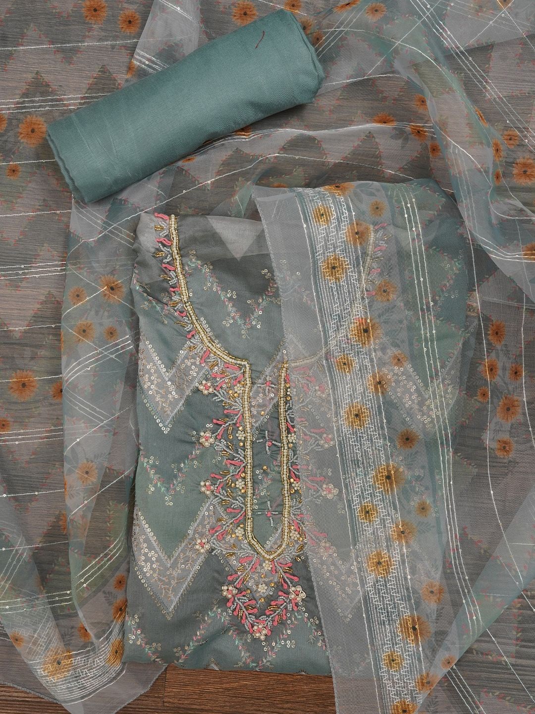 

Jaipur Kurti Sea Green Sequin Embroidered Organza Dress Material with Dupatta