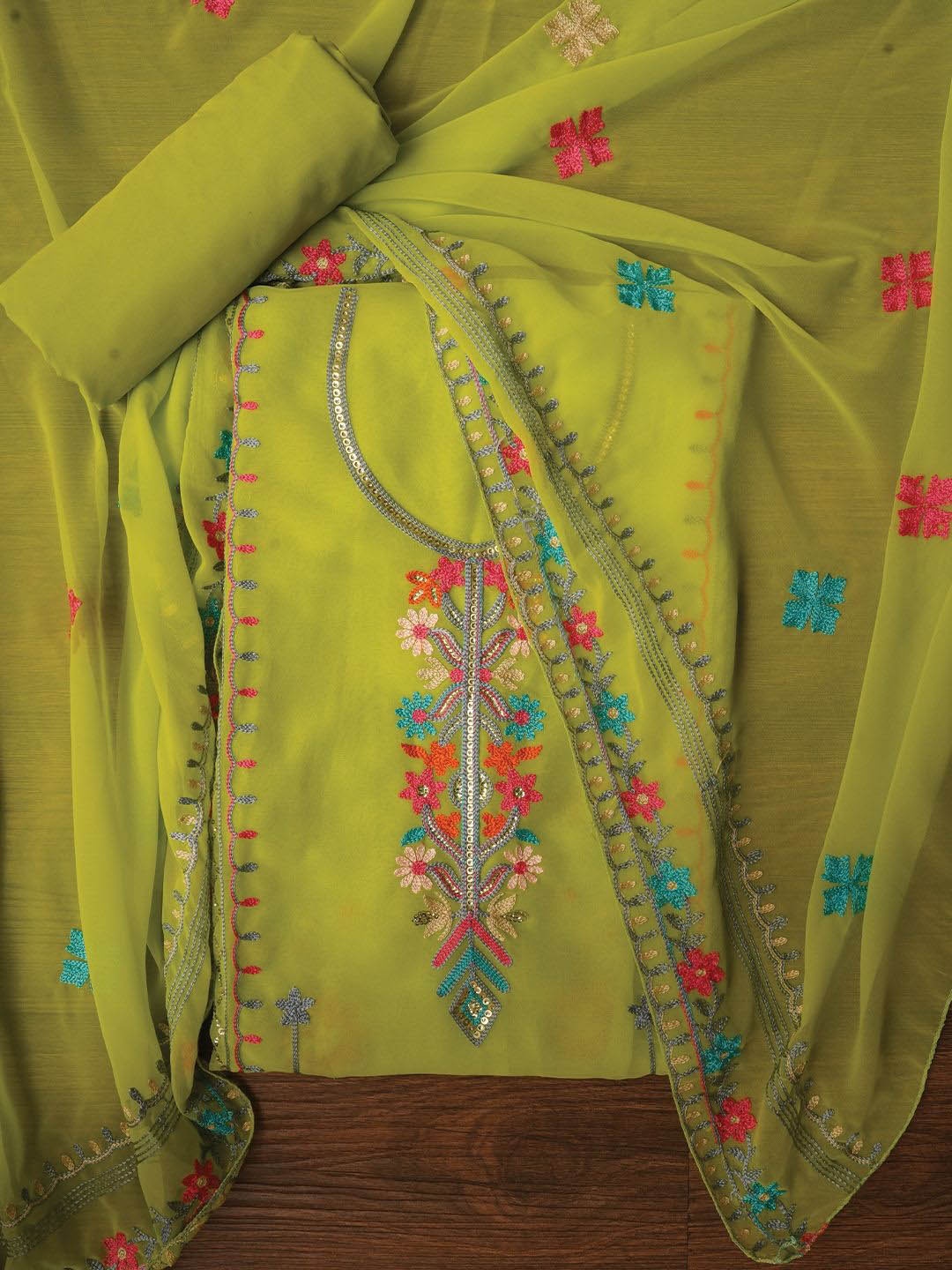 

Jaipur Kurti Sequin Embroidered Silk Georgette Dress Material with Dupatta, Green