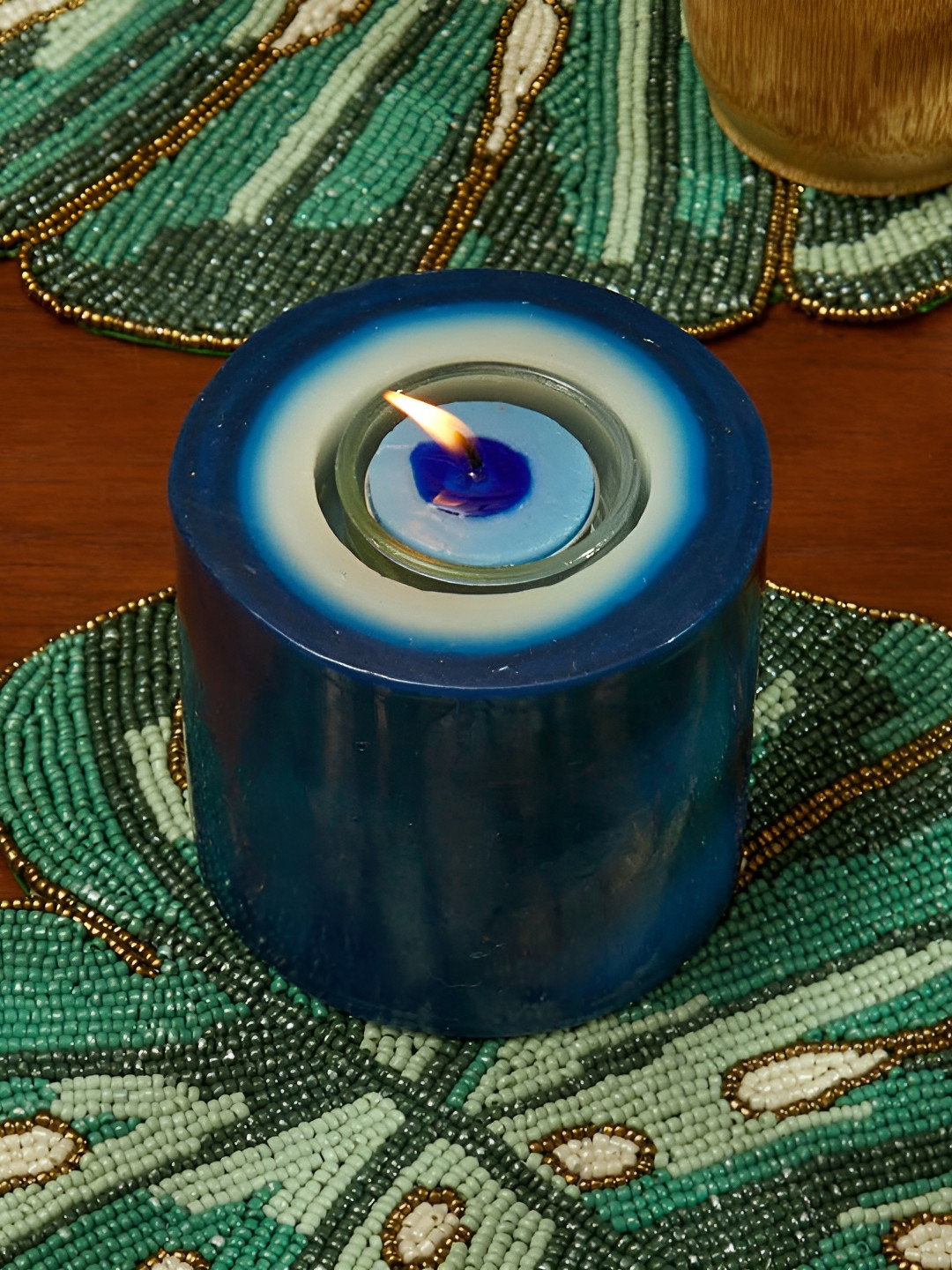 

MAATIR DESIGNS Blue Evil Eye Blue & White Pillar Hand Poured Wax Scented Candles
