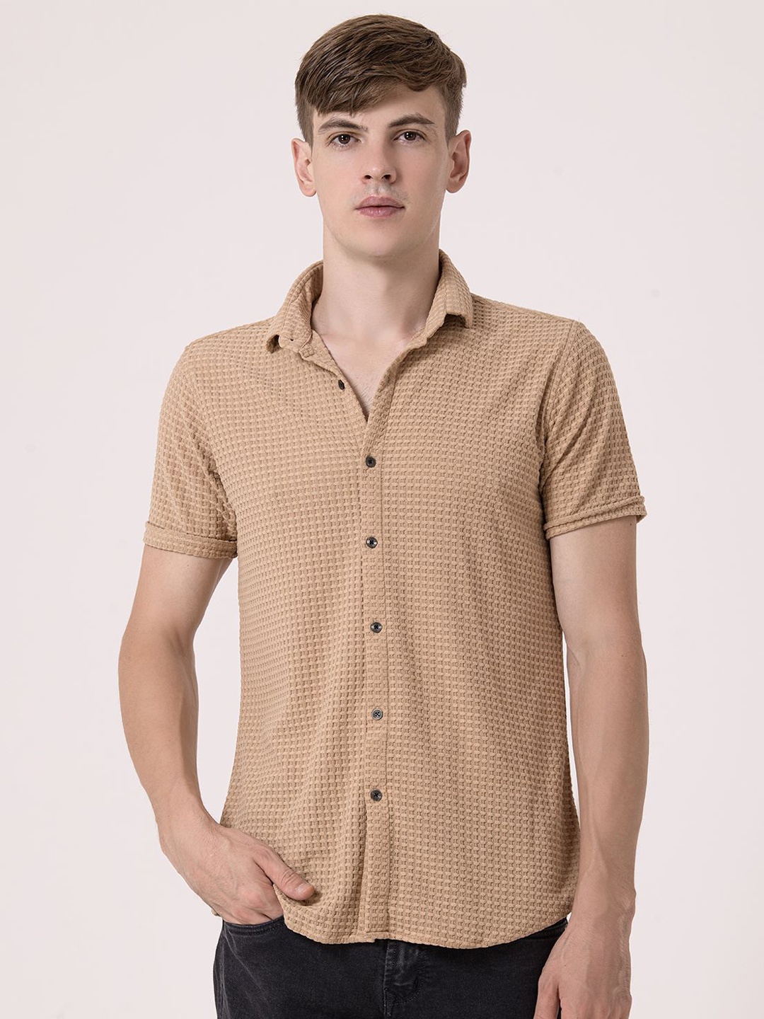 

Albion By CnM Men Spread Collar Textured Casual Shirt, Brown