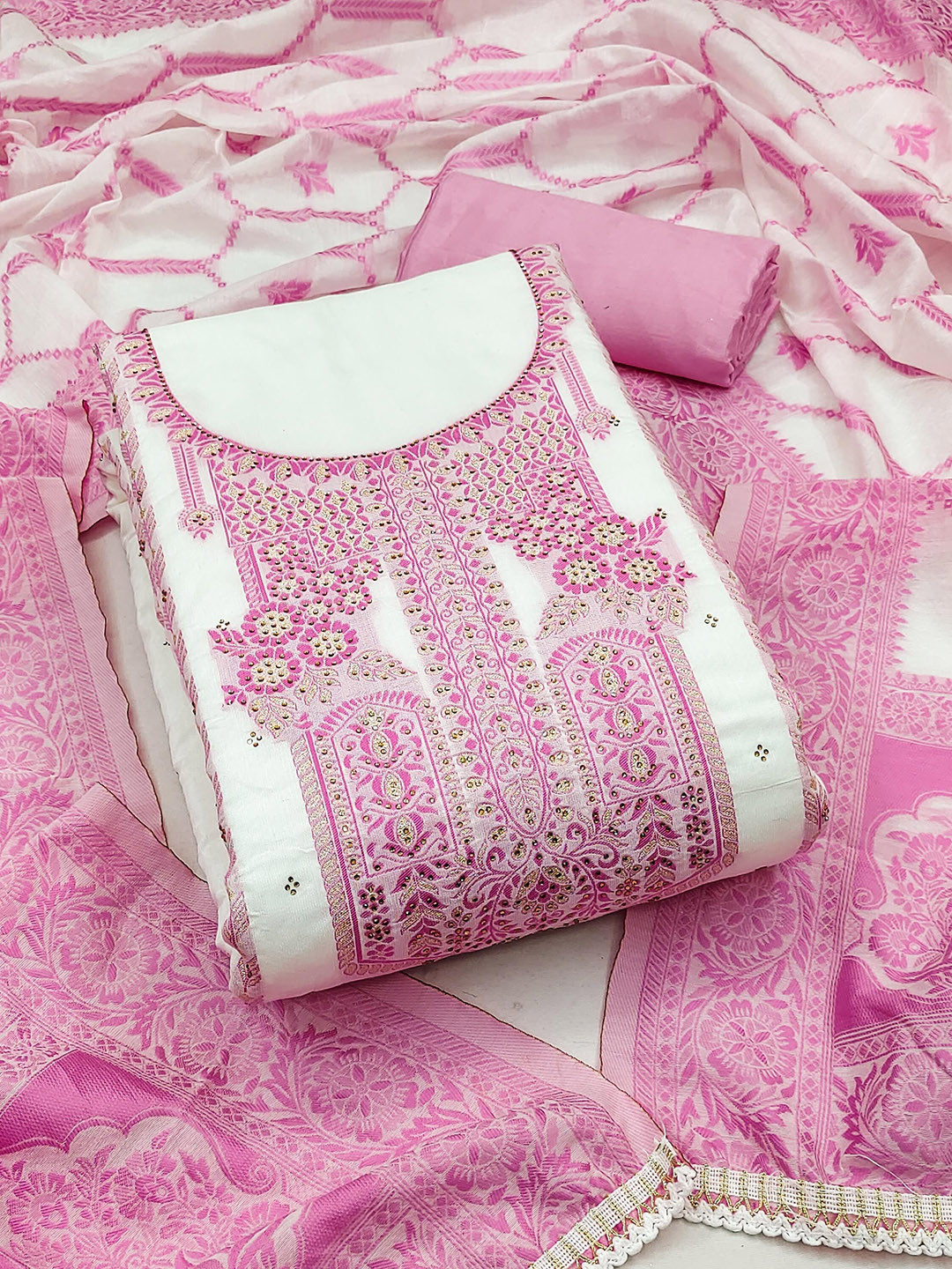 

KALINI Ethnic Motifs Woven Design Beads and Stones Pure Cotton Unstitched Dress Material, Pink