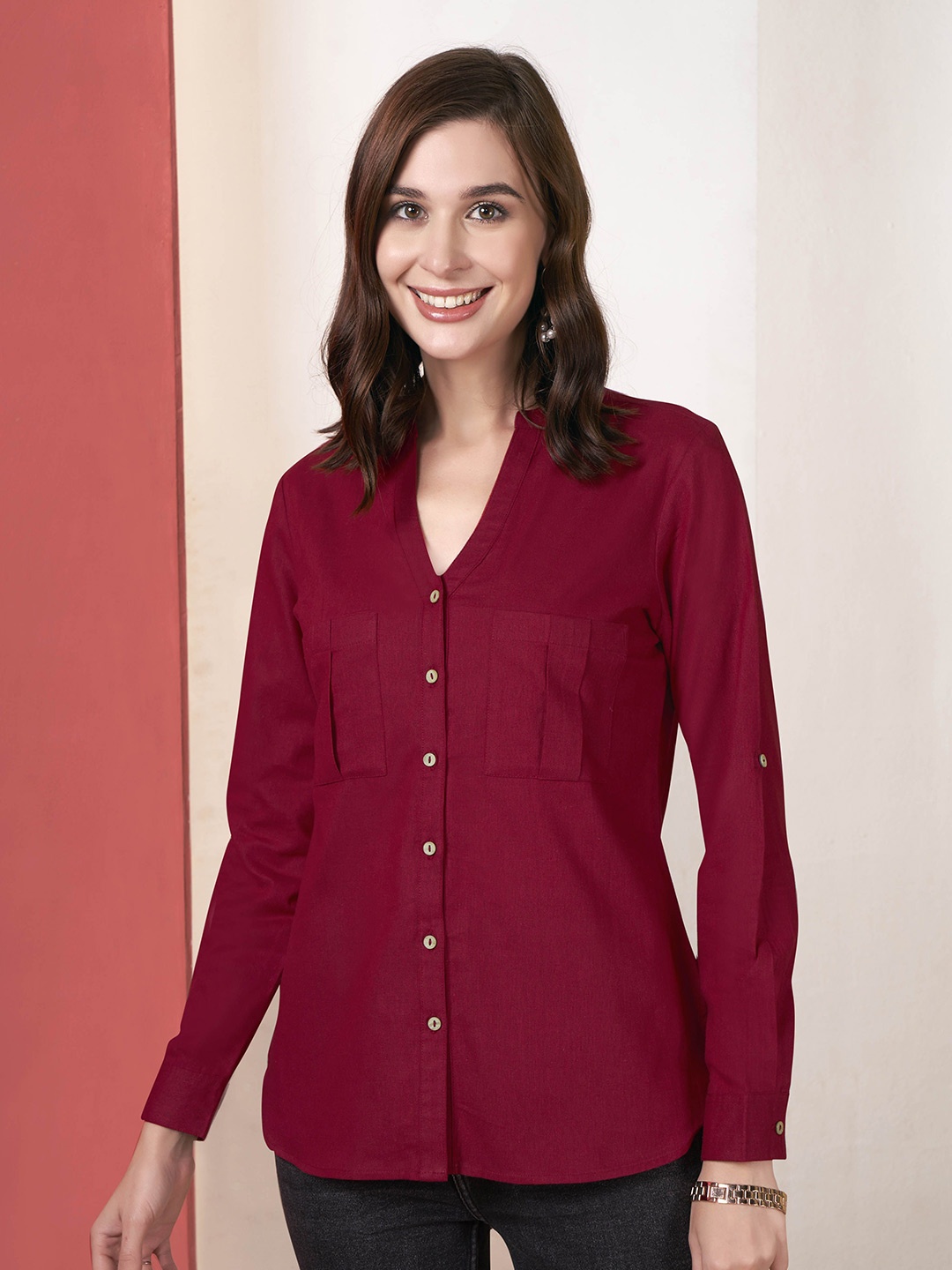 

Anouk Mandarin Collar Roll-Up Sleeves Cotton Shirt Style Top, Red