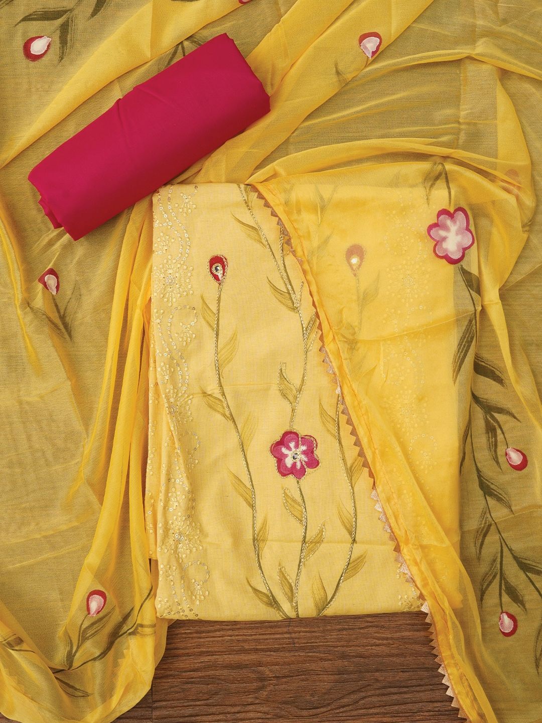 

Jaipur Kurti Handpainted Embroidered Dress Material with Dupatta, Yellow