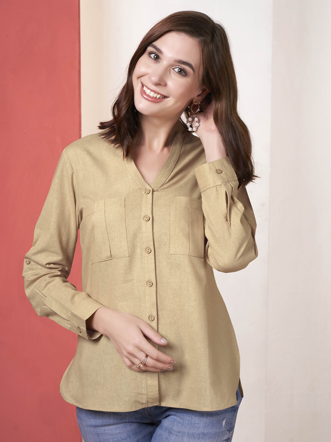 

Anouk Mandarin Collar Roll-Up Sleeves Cotton Shirt Style Top, Beige