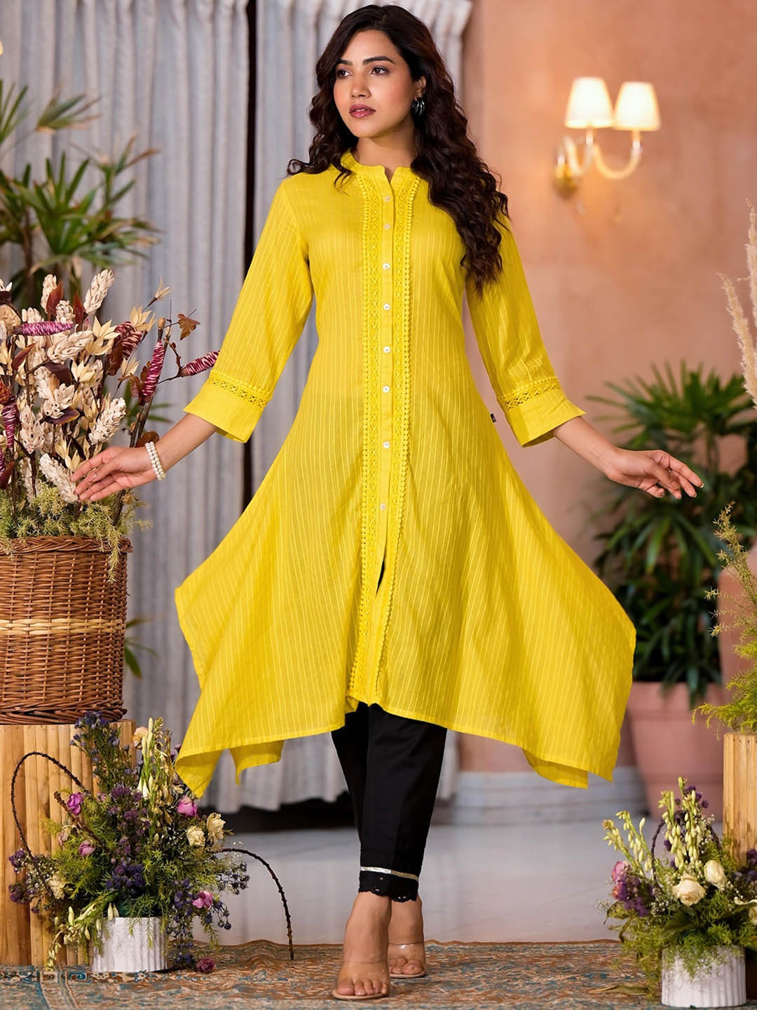 

Juniper Striped Mandarin Collar Thread Work A-Line Kurta, Yellow
