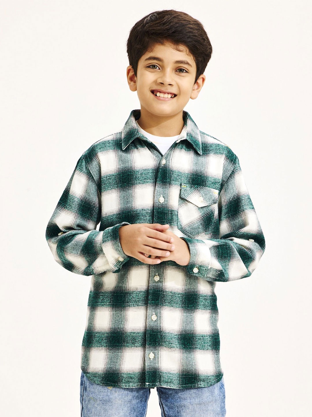 

NO MONDAYS Boys Relaxed Spread Collar Checked Cotton Casual Shirt, Green