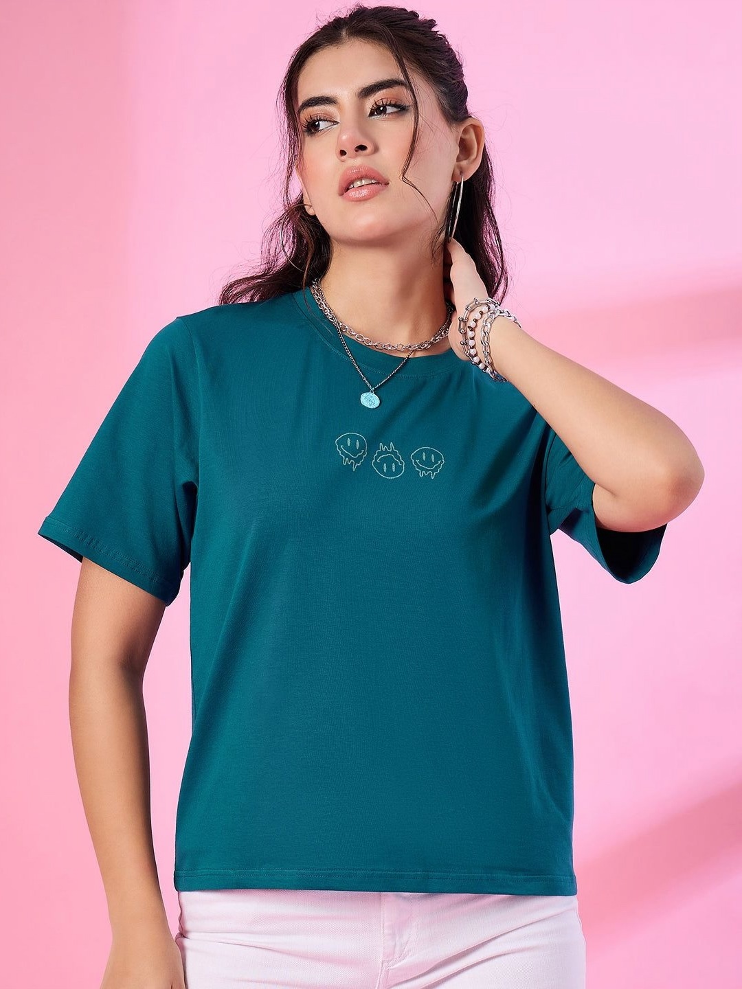 

CUPID Women Graphic Printed Round Neck Cotton Oversized T-shirt, Teal
