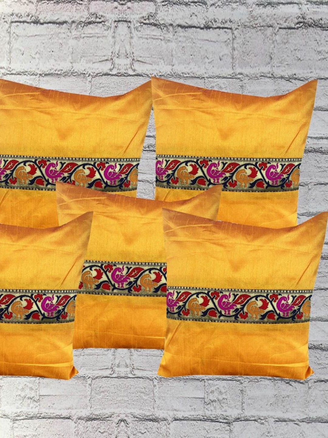 

Pink Parrot Pink & Yellow 5 Pieces Ethnic Motifs Square Cushion Covers