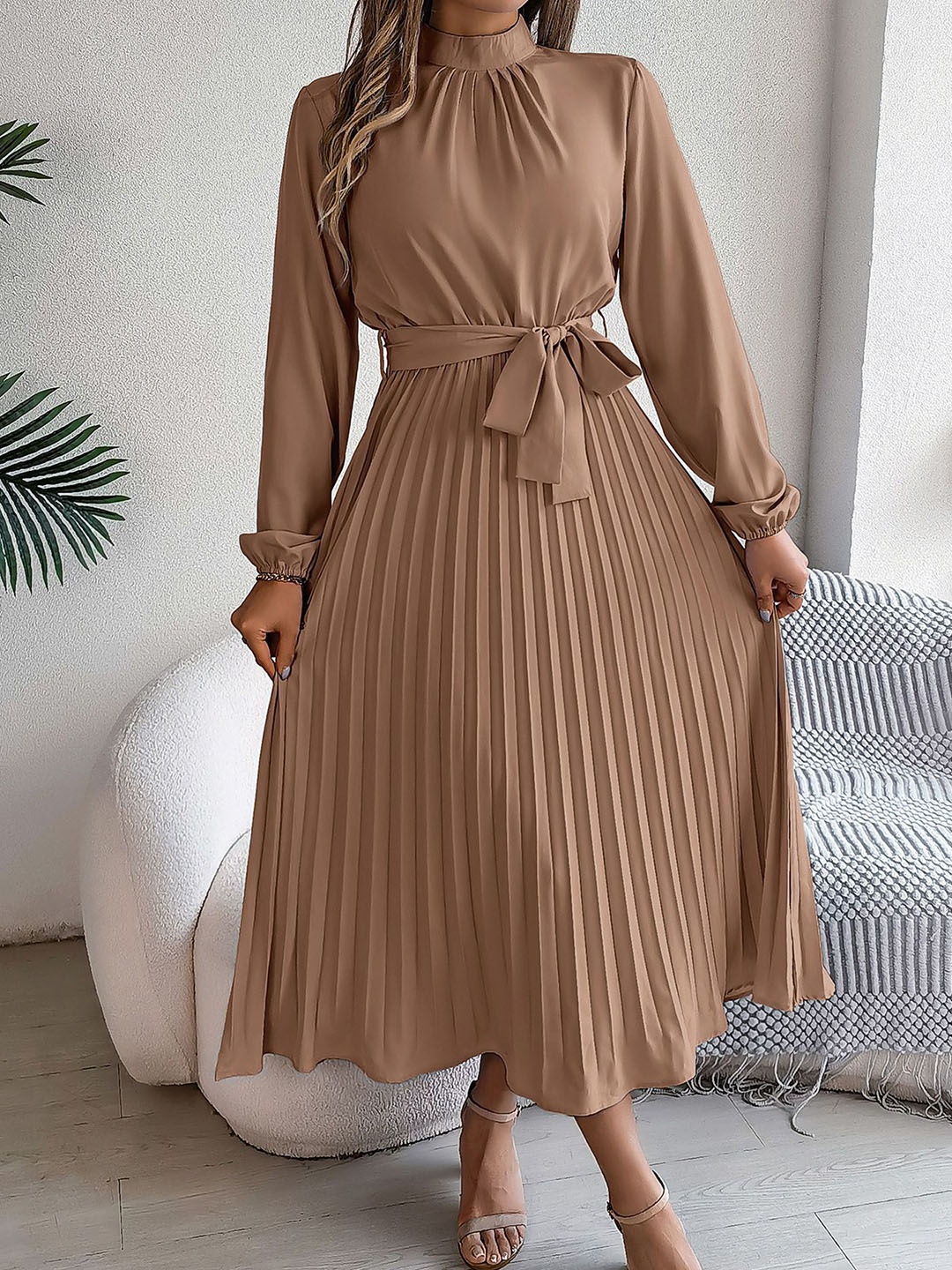 

StyleCast x Revolte Accordion Pleats Fit & Flare Solid Midi Dress, Khaki
