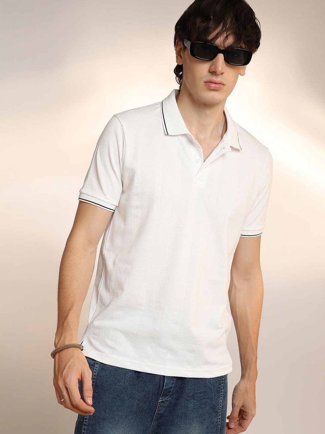 

Campus Sutra Men Solid Polo Collar Cotton T-shirt, White