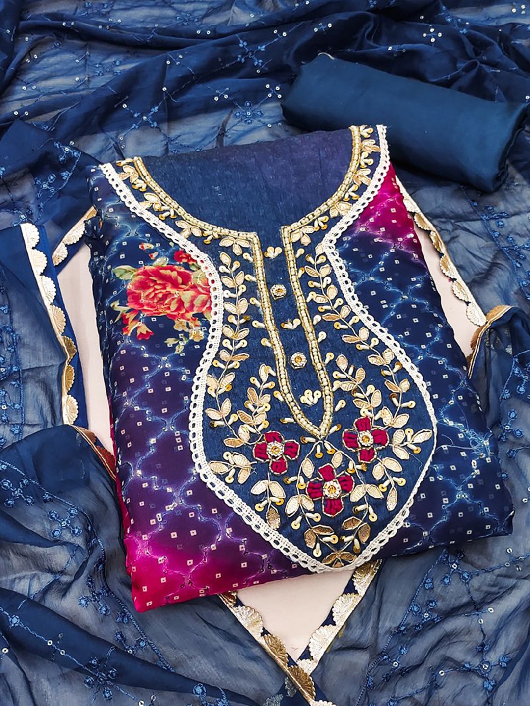 

ASISA Geometric Embroidered Beads & Stones Organza Unstitched Dress Material, Blue