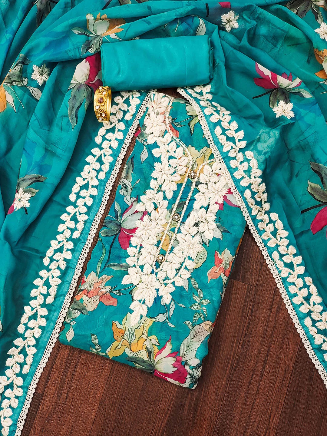 

Maroosh Floral Embroidered Beads and Stones Organza Unstitched Dress Material, Teal