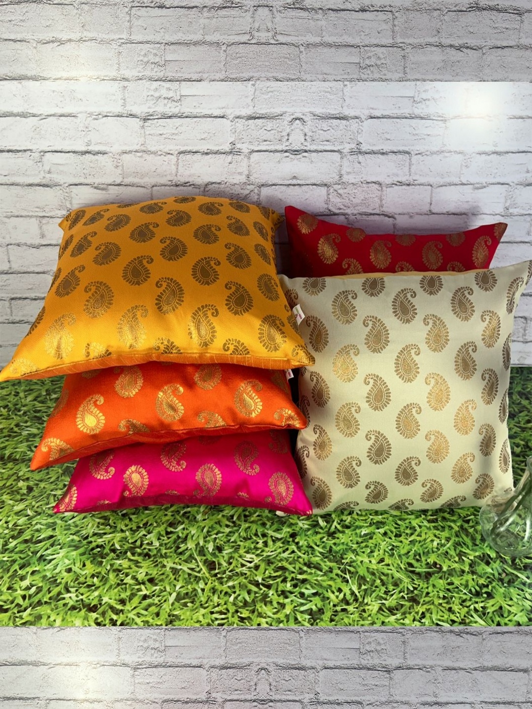 

Pink Parrot Yellow & Orange 5 Pieces Paisely Printed Square Cushion Covers