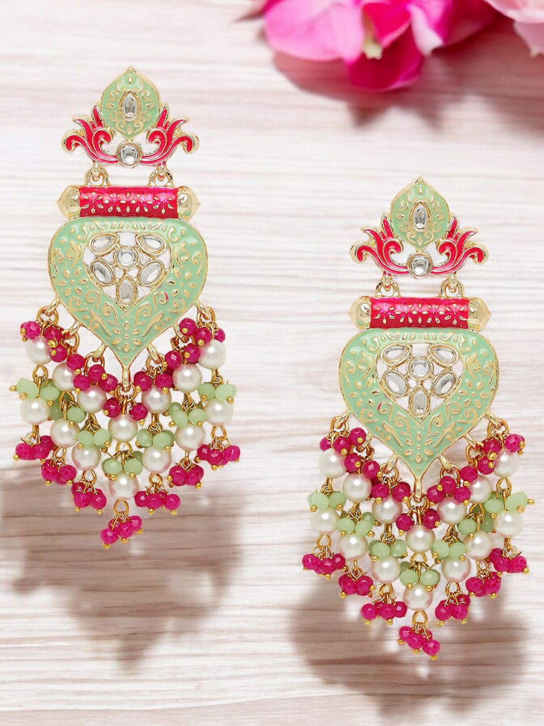 

Anouk Floral Meenakari Enamel with Kundan & Pearls Drop Earrings, Green