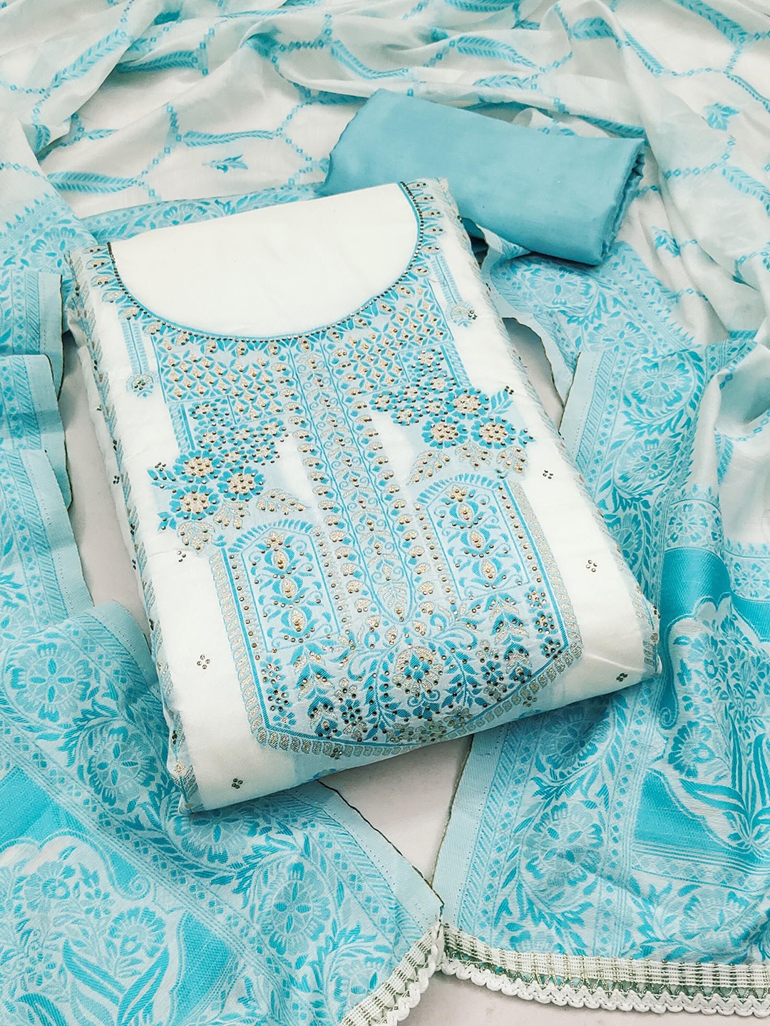 

KALINI Floral Embroidered Beads and Stones Detail Pure Cotton Unstitched Dress Material, Blue