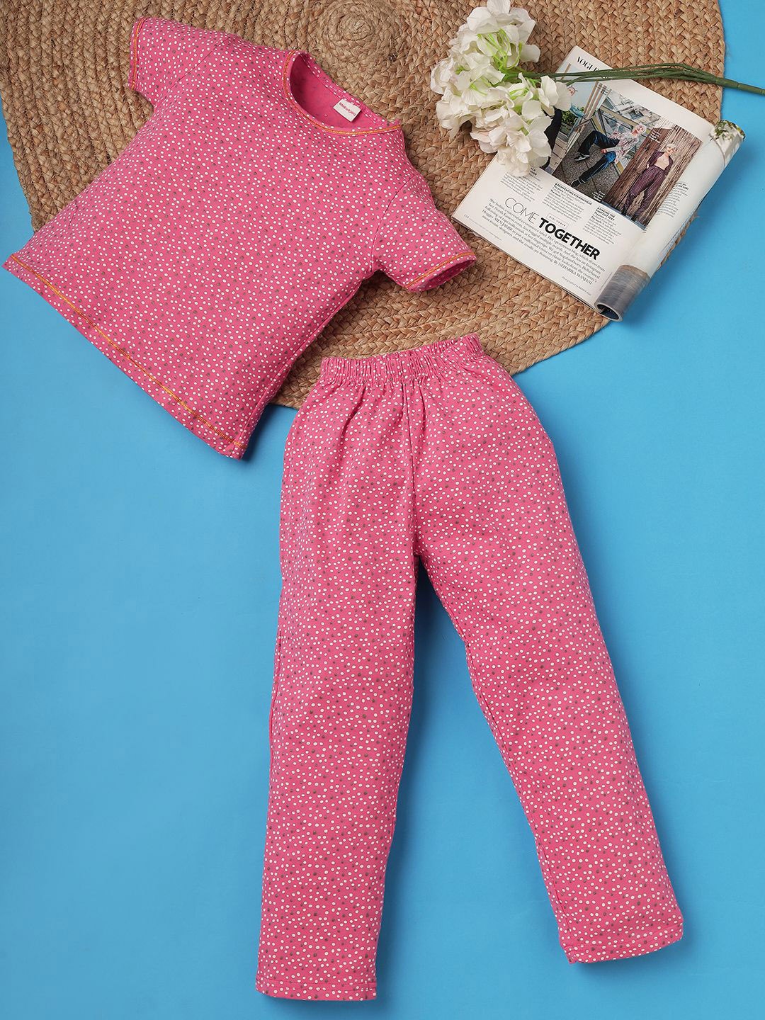 

RAINE AND JAINE Girls Printed Pure Cotton Night suit, Pink