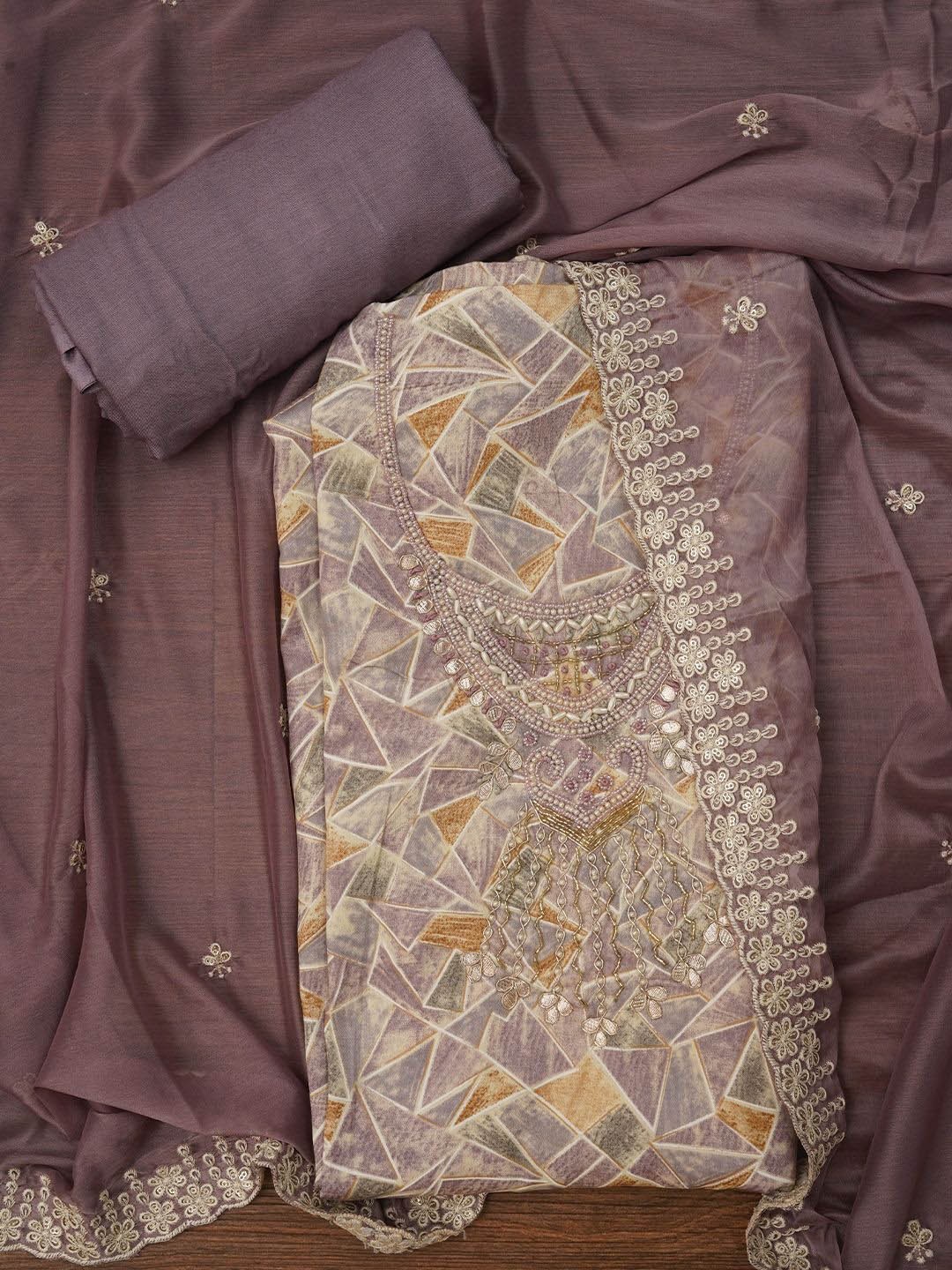 

Jaipur Kurti Geometric Embellished Beads and Stones Unstitched Dress Material, Grey