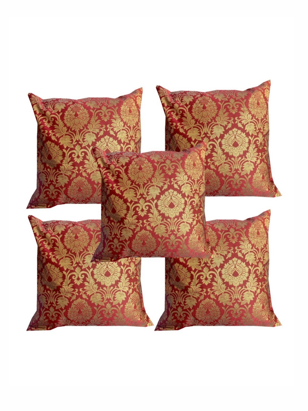 

Pink Parrot Red & Gold-Toned 5 Pieces Ethnic Motifs Woven Design Square Cushion Covers