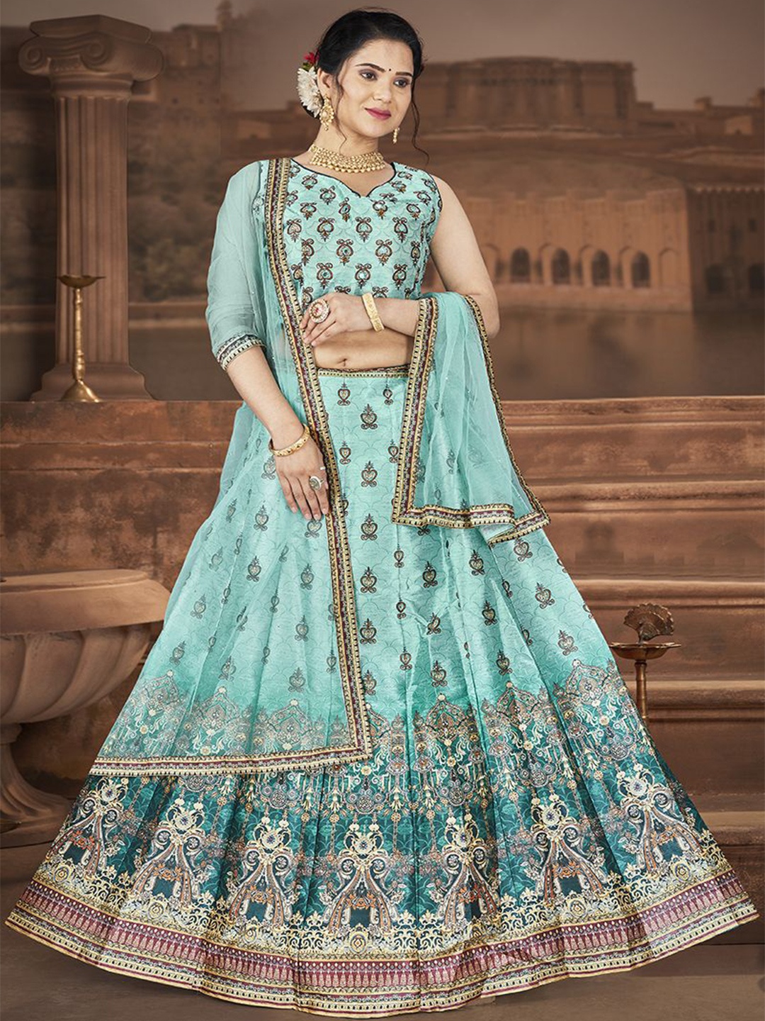 

Krimmple Printed Beads and Stones Ready to Wear Lehenga & Blouse With Dupatta, Blue