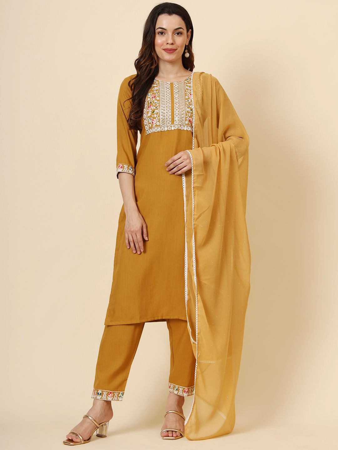 

VAIRAGEE Ethnic Motifs Embroidered Thread Work Straight Kurta with Trousers & With Dupatta, Yellow