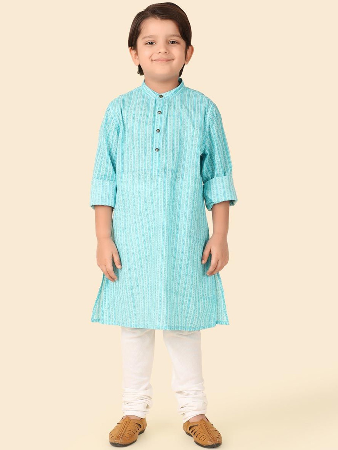 

Fabindia Boys Ethnic Motifs Printed Band Collar Pure Cotton Straight Kurta, Teal