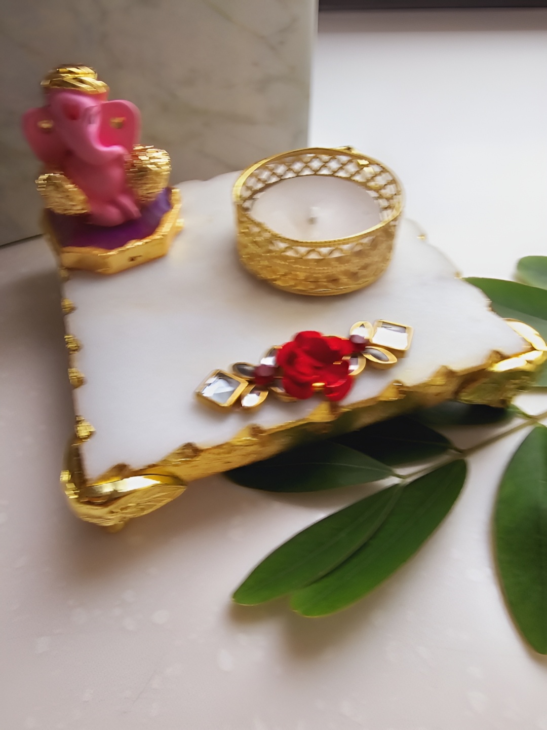 

HOMEARTE White Ganesha with Marble Pooja Chowki and Tea light Religious Candle Holder