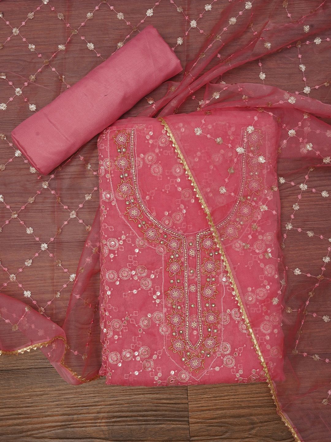 

Jaipur Kurti Pink Festive Embellished Organza Dress Material with Dupatta